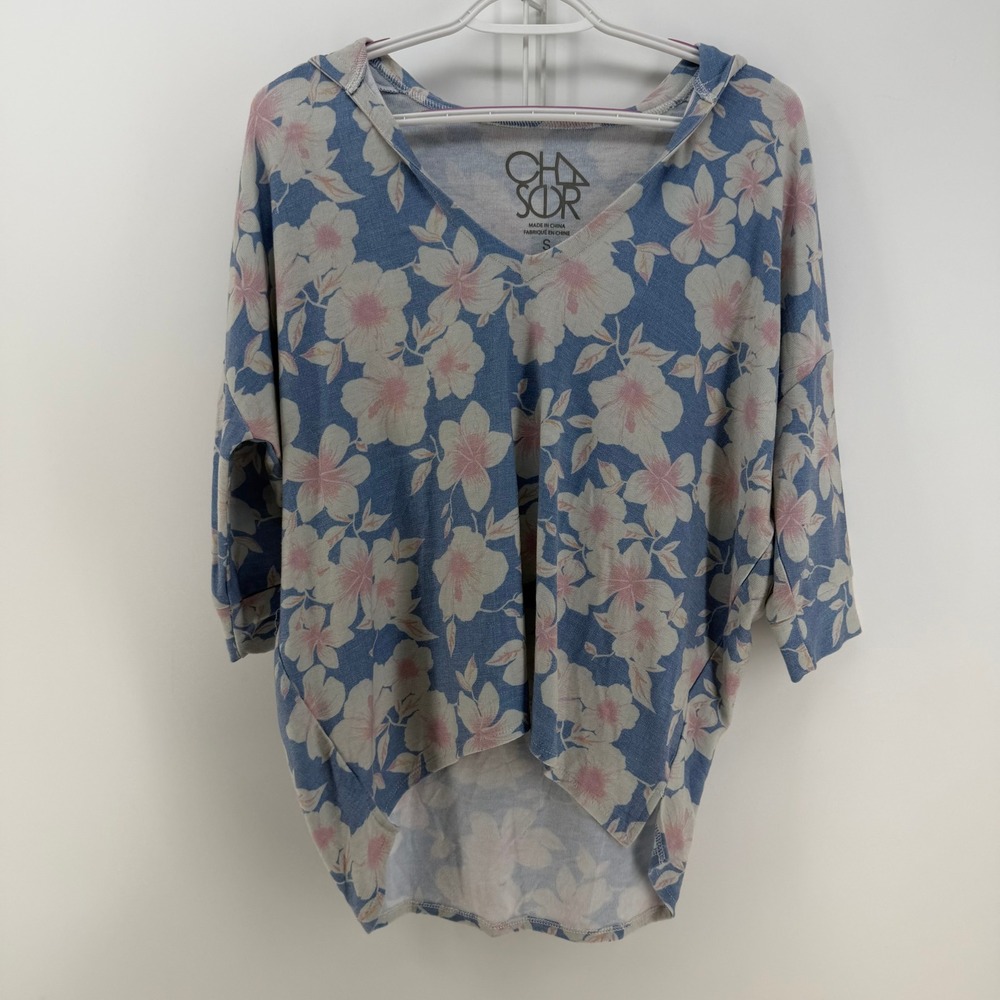 Chaser Hoodie Womens Small Blue Floral V-Neck High Low 3/4 Sleeve Boho Coastal